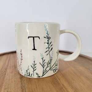 Anthropologie Monogram T Letter DAGNY Floral Mug Cream Yellow Botanical